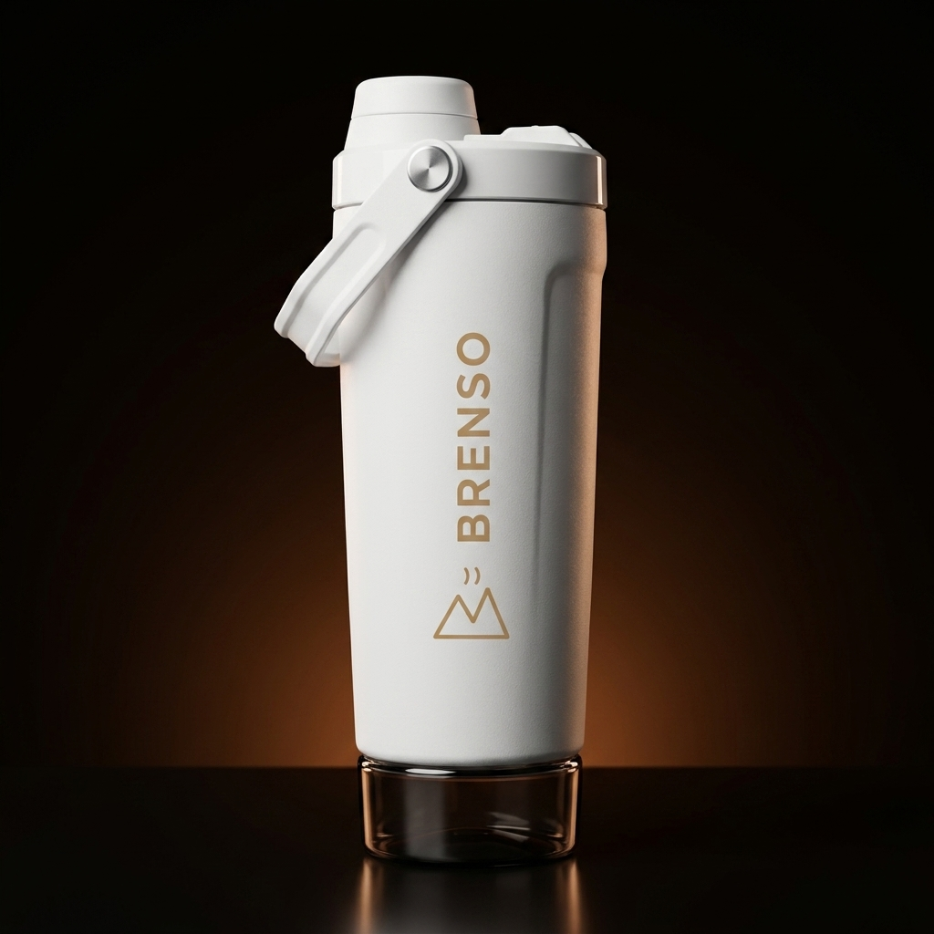 BRENSO Shaker Wit — dubbelwandige shaker met flip-dop, draaghandvat en BRENSO-logo