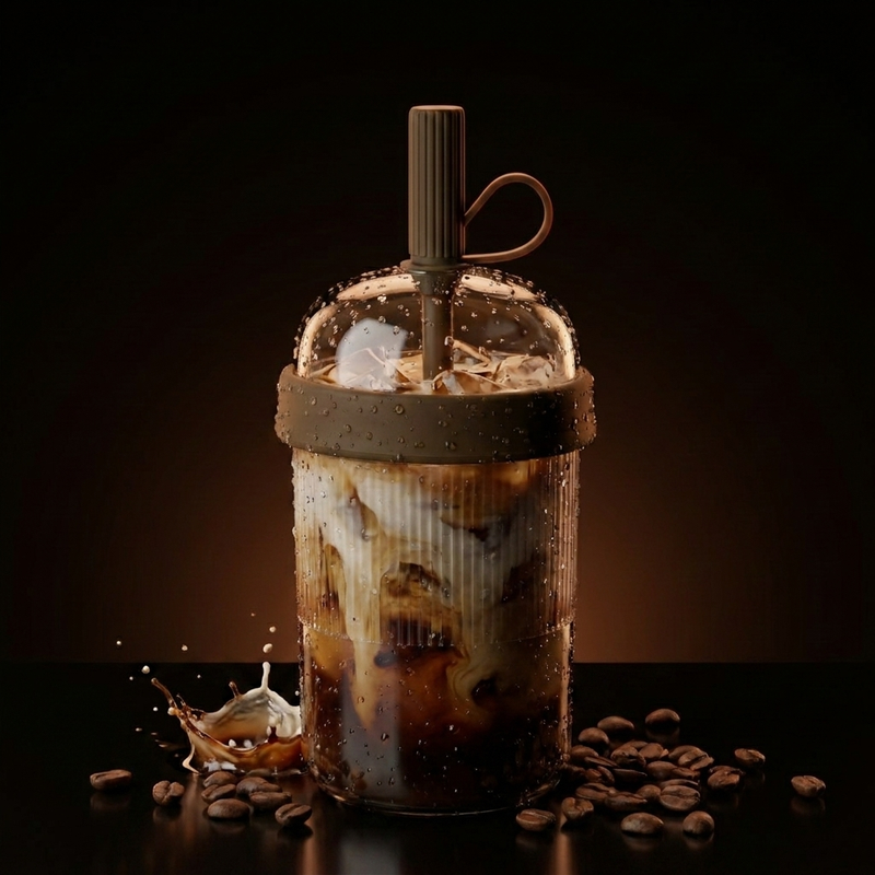 BRENSO Tumbler Donkerbruin gevuld met iced coffee en melkswirl, met dome-deksel en herbruikbaar rietje