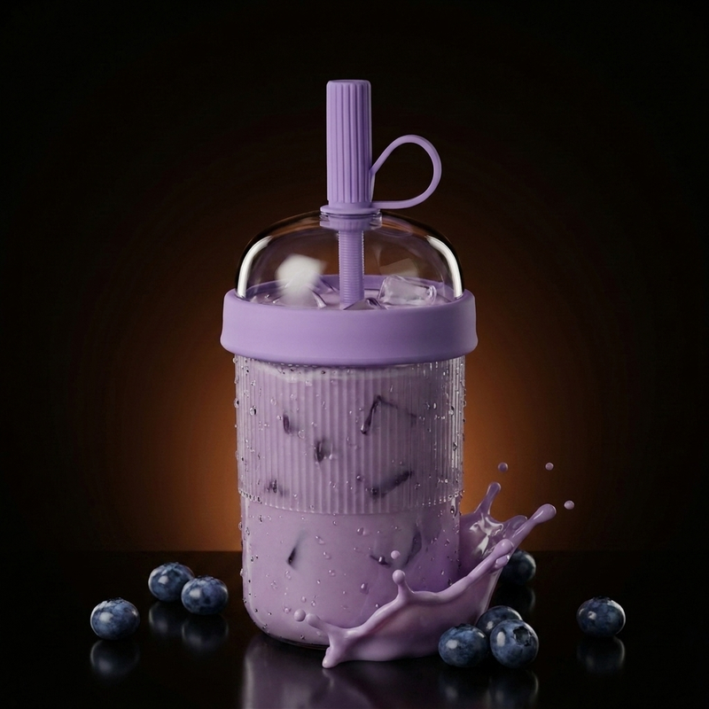 BRENSO Tumbler Taro Paars gevuld met taro-milkshake en ijsklontjes, met dome-deksel en herbruikbaar rietje