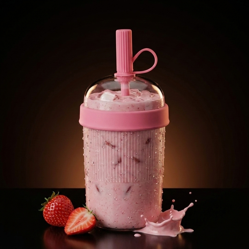 BRENSO Tumbler Roze gevuld met aardbeienshake en ijsklontjes, met dome-deksel en herbruikbaar rietje