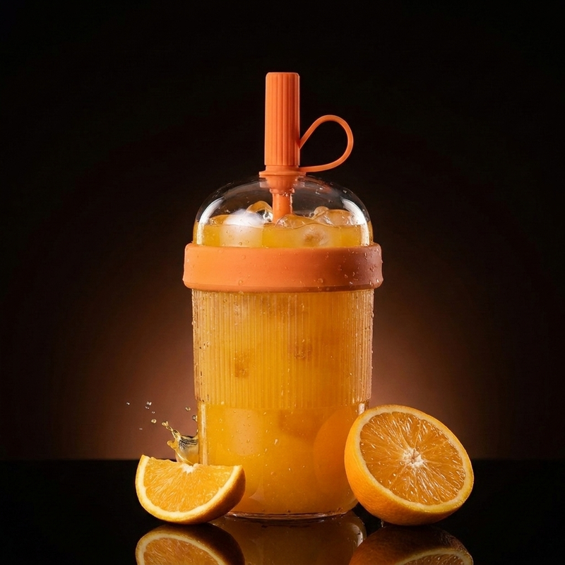 BRENSO Tumbler Oranje gevuld met verse jus en ijsklontjes, met dome-deksel en herbruikbaar rietje