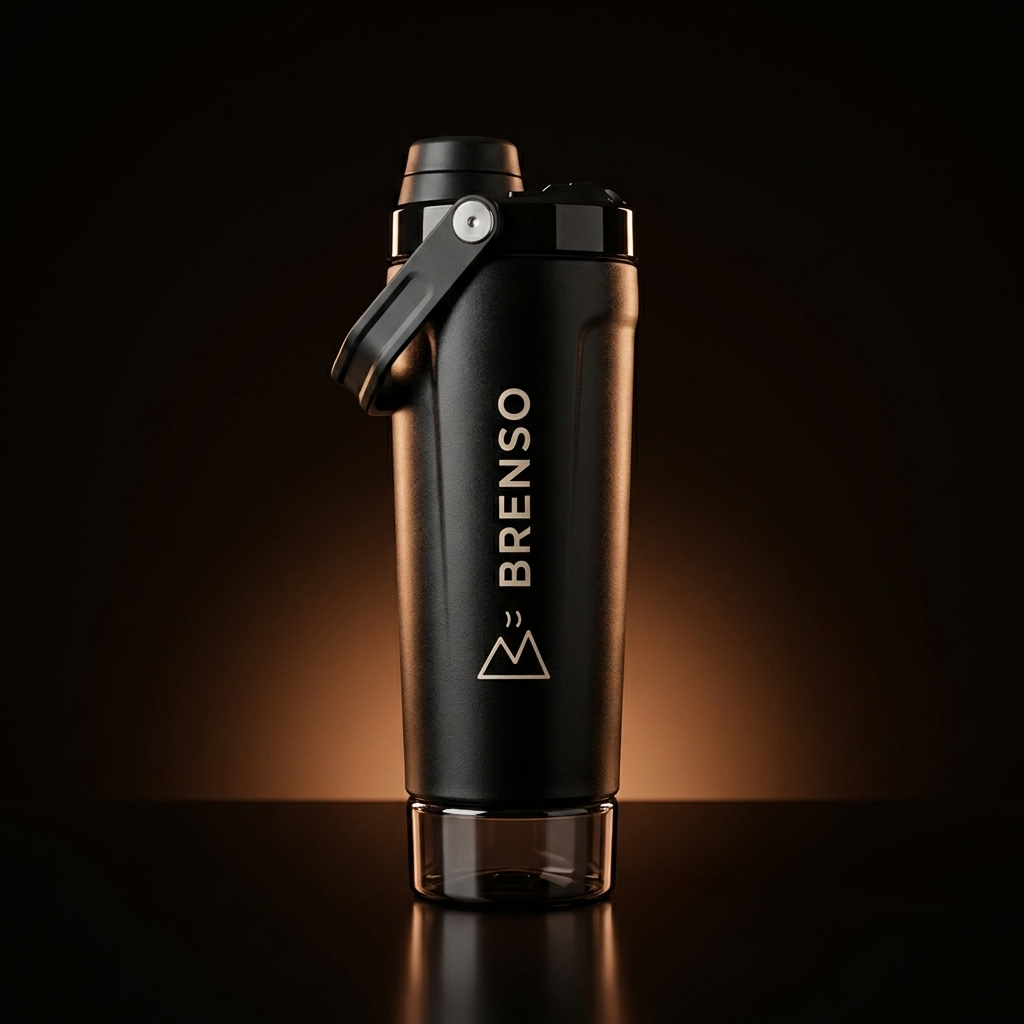 BRENSO Shaker Zwart — dubbelwandige shaker met flip-dop, draaghandvat en BRENSO-logo