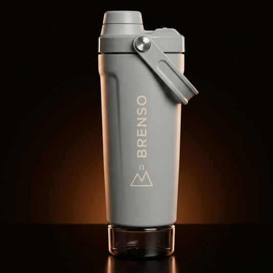 BRENSO Shaker Grijs — dubbelwandige shaker met flip-dop, draaghandvat en BRENSO-logo