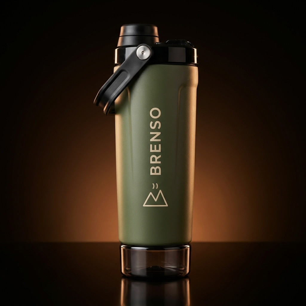BRENSO Shaker Groen — dubbelwandige shaker met flip-dop, draaghandvat en BRENSO-logo