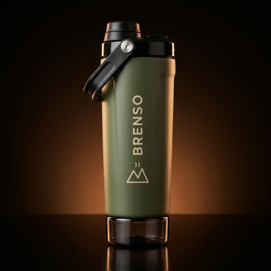 BRENSO Shaker Groen — dubbelwandige shaker met flip-dop, draaghandvat en BRENSO-logo