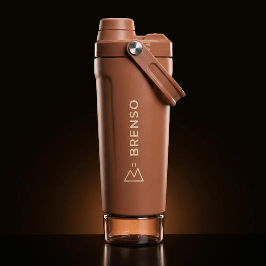 BRENSO Shaker Bruin — dubbelwandige shaker met flip-dop, draaghandvat en BRENSO-logo